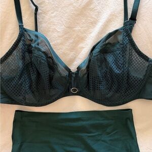 Chantelle Deep Green Sheer Underwire Bra 34C and Brief Medium Set